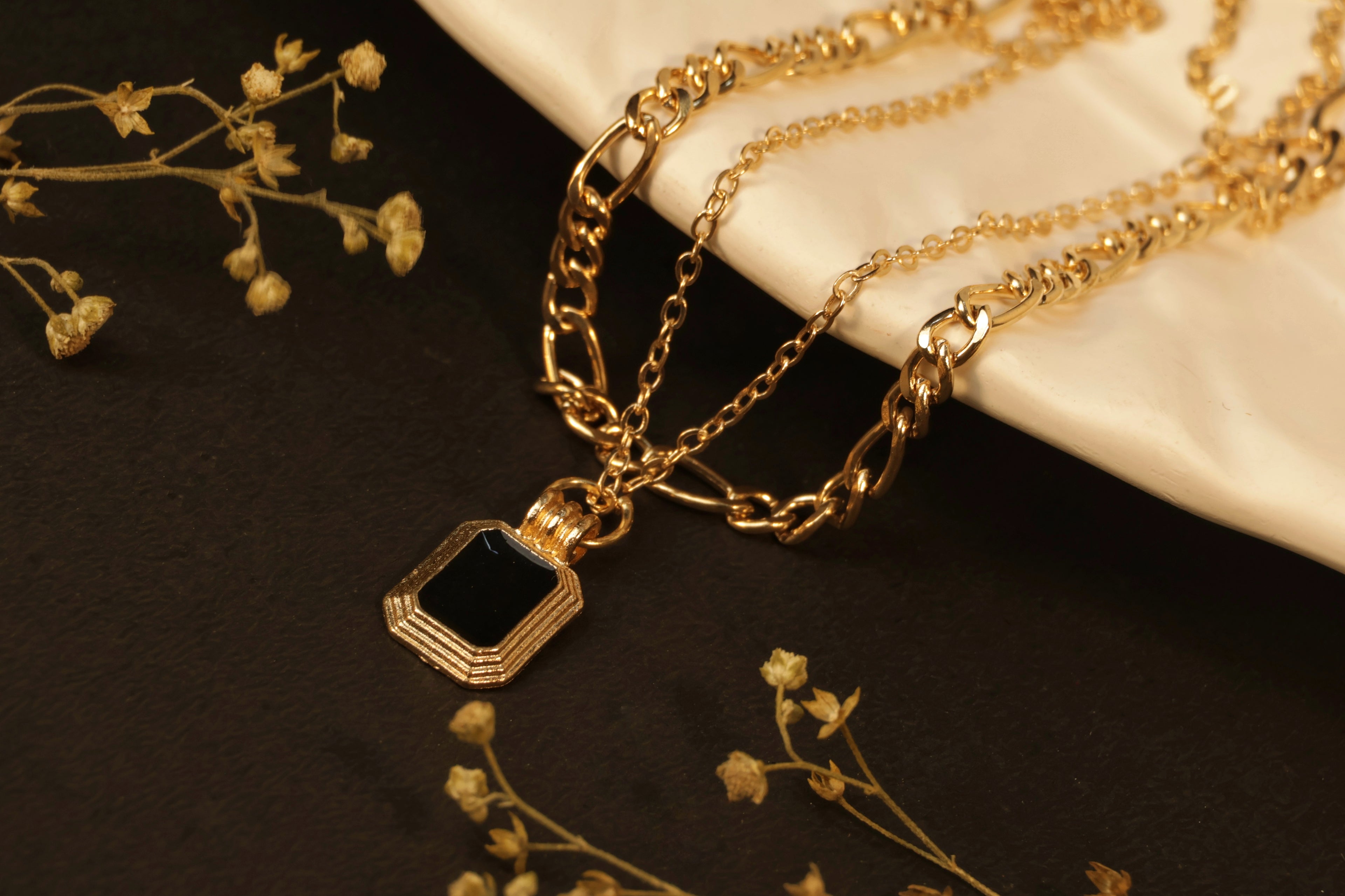 Noir Link Pendant - chunky black chain link on layered gold chains