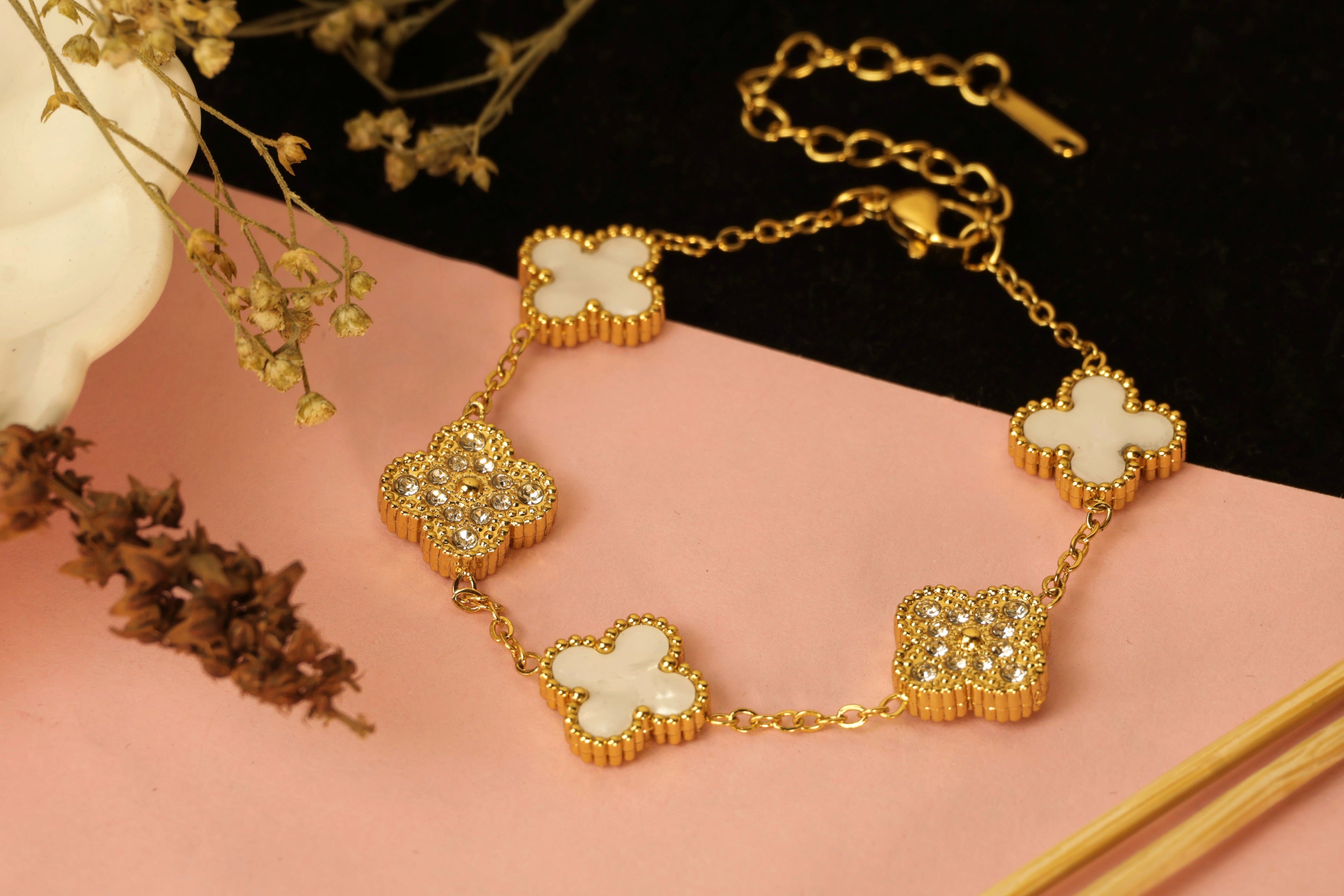 White Clover Sparkle - gold chain with small white clover pendants